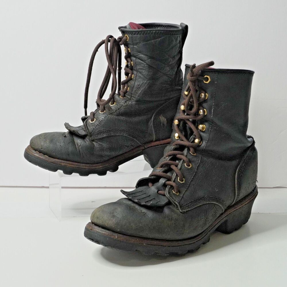 VTG Chippewa Men 8.5 M Boots Vibram Sole Logger Black Leather Soft Toe 73015 SEE